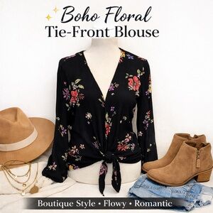 Boho Top Floral Tie Front Blouse Black Long Sleeve Cottagecore Romantic Small